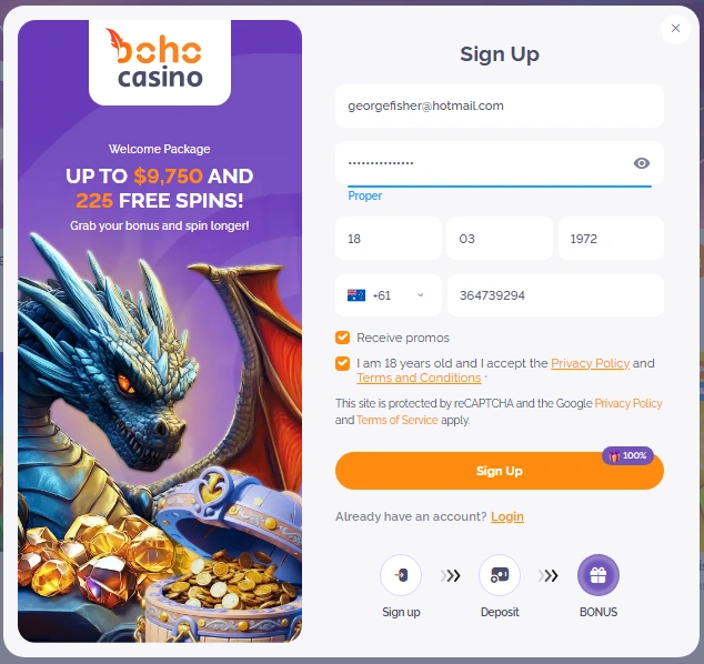 Boho Casino registration form showing required fields for account creation